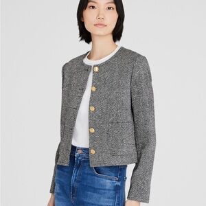 Club Monaco Collarless Tweed Jacket with Gold Buttons